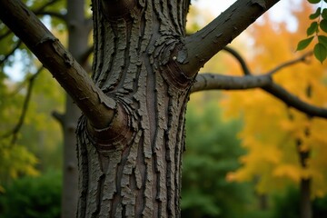 Naklejka premium Brown rough bark on a mature Quercus suber tree, tree details, bark texture, deciduous tree