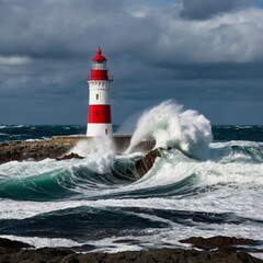 Wave Crashing Against Lighthouse
