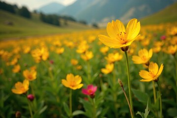 Obraz premium Crotalaria flowers with yellow and orange hues, wildflowers, landscape