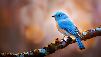A blue bird perches on a tree branch, surrounded by yellow foliage The background is softly blurred
