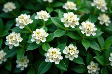 Dense clusters of white flowers on a dark green shrub, flowering shrub, foliage