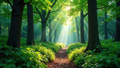 Obraz premium Dense foliage surrounds a tranquil forest glade, trees, calm environment, sunlight filtering