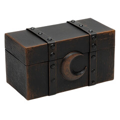 Obraz premium A rustic, rectangular box with metal accents and a crescent moon design, showcasing a blend of antique and fantasy elements.