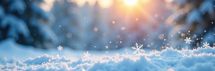 Elegant snowflakes gently falling on a serene winter landscape, winter scene, frosty morning