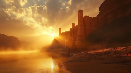 Fototapeta premium A majestic castle stands tall on a cliff overlooking a river at sunset. The sun shines through the clouds, casting a golden glow over the scene.