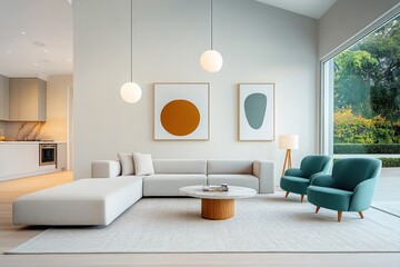 Fototapeta premium Modern Mid-Century Living Room with Grey Sofa and Turquoise Lounge Chairs