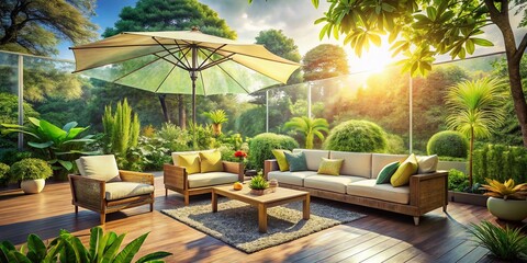 Fototapeta premium Serene Outdoor Living Space: Modern Sofa, Chairs & Umbrella, Lush Greenery, Relaxation