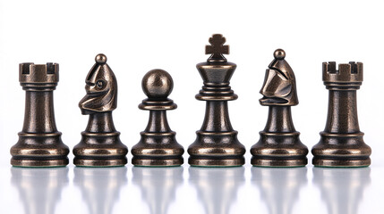 Elegant chess pieces on display in a minimalist setting with reflective surface. 