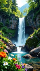 Lush greenery and vibrant wildflowers surround an alpine waterfall flowing over granite pools, rock, lush