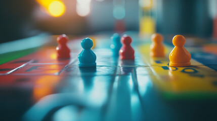 Colorful game pieces positioned on a vibrant board during a casual gathering. 