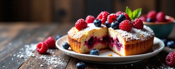 Rhabarber Kuchen mit blauen Beeren auf einem Tisch, fruchtig, kuchen, rhabarber