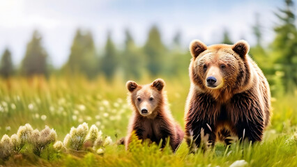 Fototapeta premium female brown bear and her cubs, Brown bear, mother and two cubs on green field Wild animals in summer nature