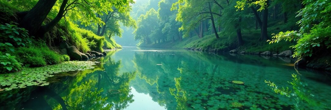 Serpentine blue river with dense green duckweed lemna plant growth, blue river, serene water, aquatic life