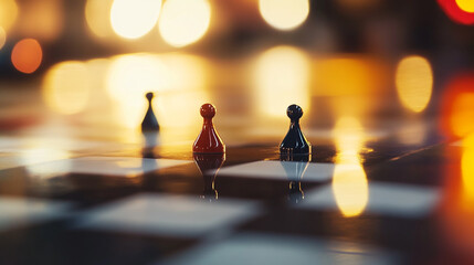 Pawns in focus on a board with blurred background lights at night. 