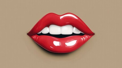 Obraz premium Glossy Red Lips with White Teeth on a Neutral Background