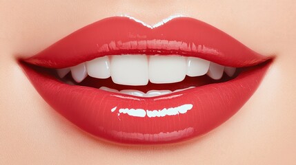 Obraz premium Close-Up of Glossy Red Lips with Perfect White Teeth Shine
