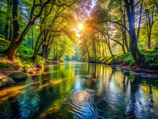 Obraz premium Serene River Flowing Through Lush Woodland - Nature Photography