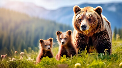 Obraz premium female brown bear and her cubs, Brown bear, mother and two cubs on green field Wild animals in summer nature