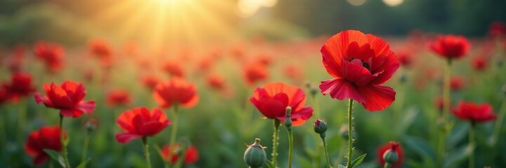 Obraz premium Softly glowing rosettes of Roter Feldmohn in morning mist, bloom, flowers