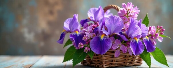 Stunning bunch of fresh irises and lilacs in a wooden basket, bouquet, irises