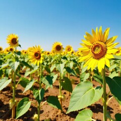 Obraz premium Sunflower plants with fully ripe yellow flowers in a dry and dry field, sunflowers, dry flowers