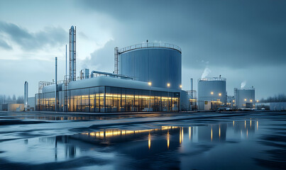Naklejka premium Industrial facility at dusk, featuring large storage tanks and reflective water.