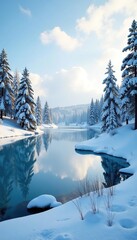 A frozen lake in the heart of a winter wonderland, snow-covered trees, serene scene, frozen tundra