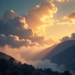 Fototapeta premium A misty veil rises from the earth as golden clouds gather, ascension, surreal landscape, haunting beauty