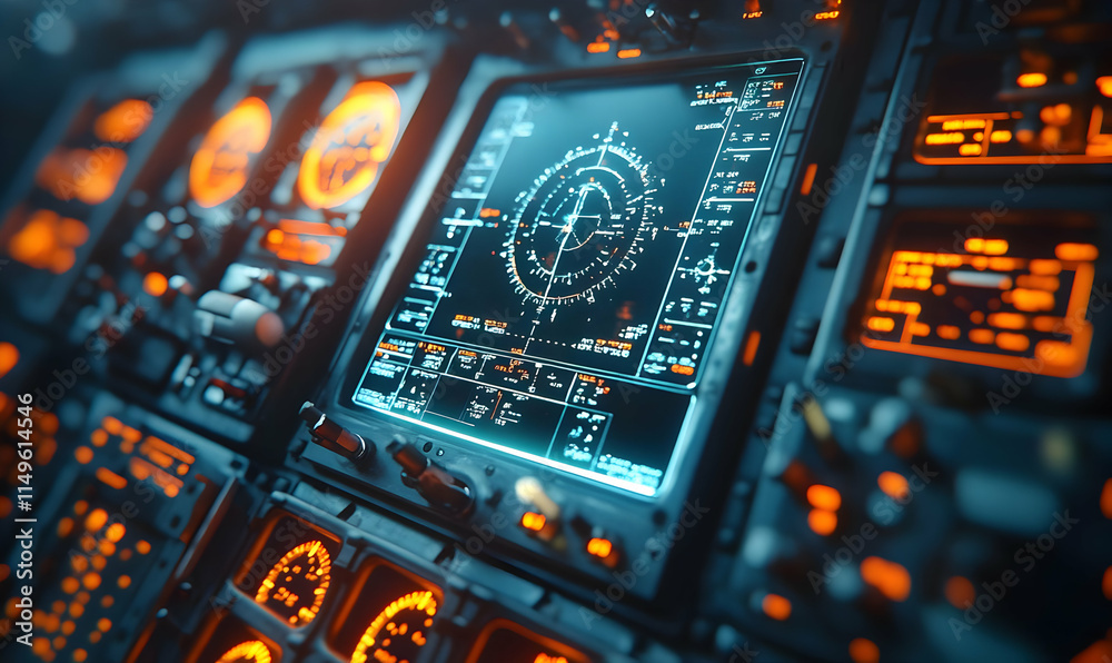 Poster a high-tech cockpit display with glowing controls and radar interface.
