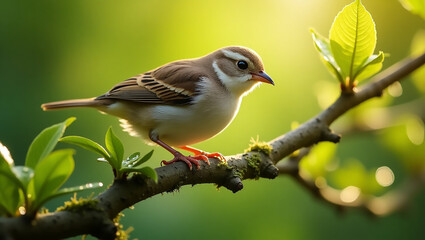 Obraz premium A meticulously captured close-up shot of a small, delicate bird, likely a sparrow or finch, perched on a slender, moss-covered branch. 