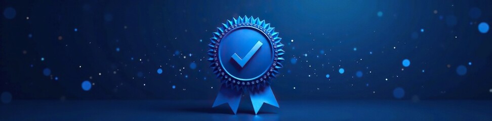 Blue award badge with checkmark and sparkles on a dark background, badge, checkmark, blue