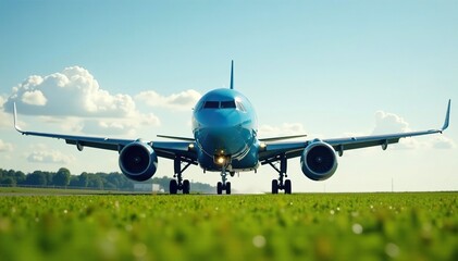 Naklejka premium Blue airplane's engines cooling down after landing on a green field, landing, aircraft, cool