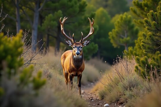 Blacktail buck crouched low to the ground in a dense thicket of shrubs, wildlife, blacktail