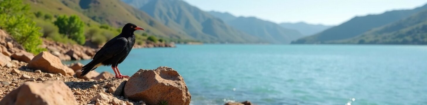 Chimango Caracara Milvago chimango on a rocky outcropping near the lake's shoreline, landscape, animal, lake shoreline