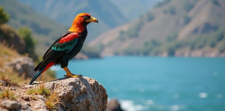 Chimango Caracara Milvago chimango on a rocky outcropping near the lake's shoreline, rock formation, animal