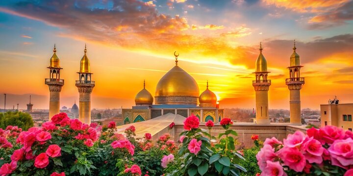 Serene Sunrise: Karbala Mosque & Blooming Roses - Golden Domes at Dawn