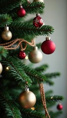 Decorative Christmas ball ornaments suspended from a branch on a fir tree, pinecones, wreath, ornaments