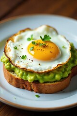 Detail view of a crispy fried egg on top of mashed avocado on whole grain toast, plate, brunch