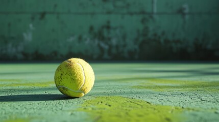 Used tennis ball on a green court.