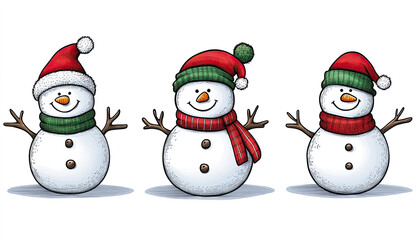 Three cheerful snowmen wearing colorful hats and scarves, celebrating winter fun.
