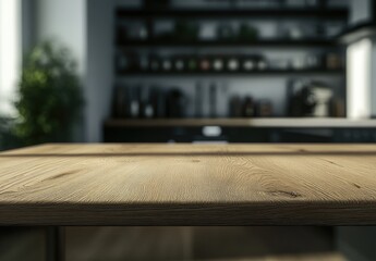 Empty beautiful wood table top counter and blur bokeh modern kitchen interior background
