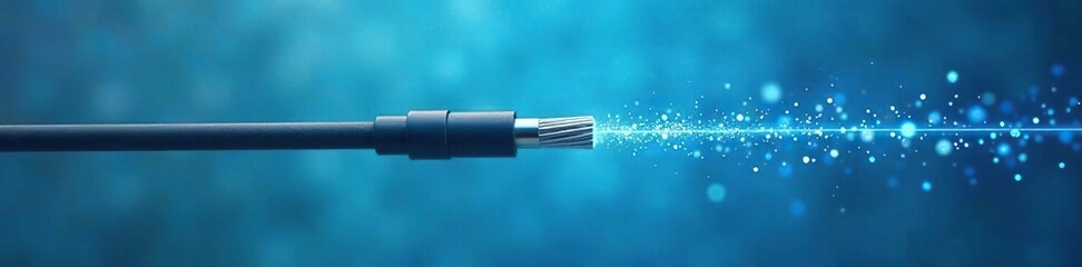 High speed fiber optic cable hanging from a metal power line on a blue background, power line, utility, high speed