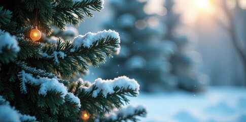 Icy foliage and frosty branches on a Christmas tree, holiday, abstract, bokeh