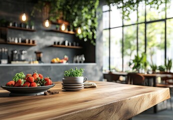 Empty beautiful wood table top counter and blur bokeh modern kitchen interior background