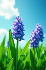 Lush green hyacinth stems stretching towards the sky, stretching, stems