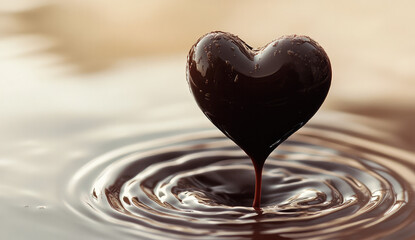 Obraz premium Melting Heart-Shaped Chocolate Drop Creates Ripples in Warm Liquid Dessert Setting