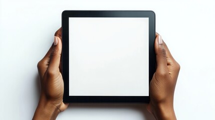 Two hands holding a tablet with a blank white screen.