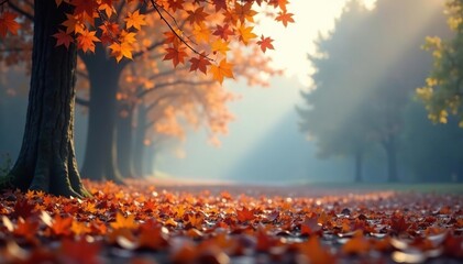 soft focus fall leaves on gray with misty atmosphere, ethereal effect, foliage, gentle atmosphere