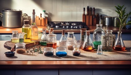 Generated image A kitchen table with science experiment materials laid out