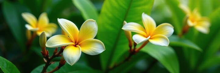 Fototapeta premium stunning yellow and white plumeria flowers swaying against a vibrant green leafy background, exotic plants, nature